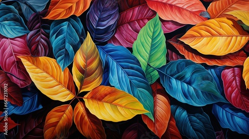  a painting of colorful leaves on a black background with red, yellow, green, and blue colors. generative ai