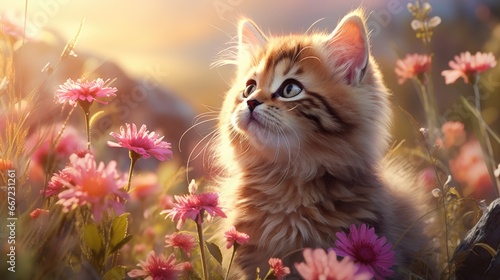 Cute kitten in the flower meadow