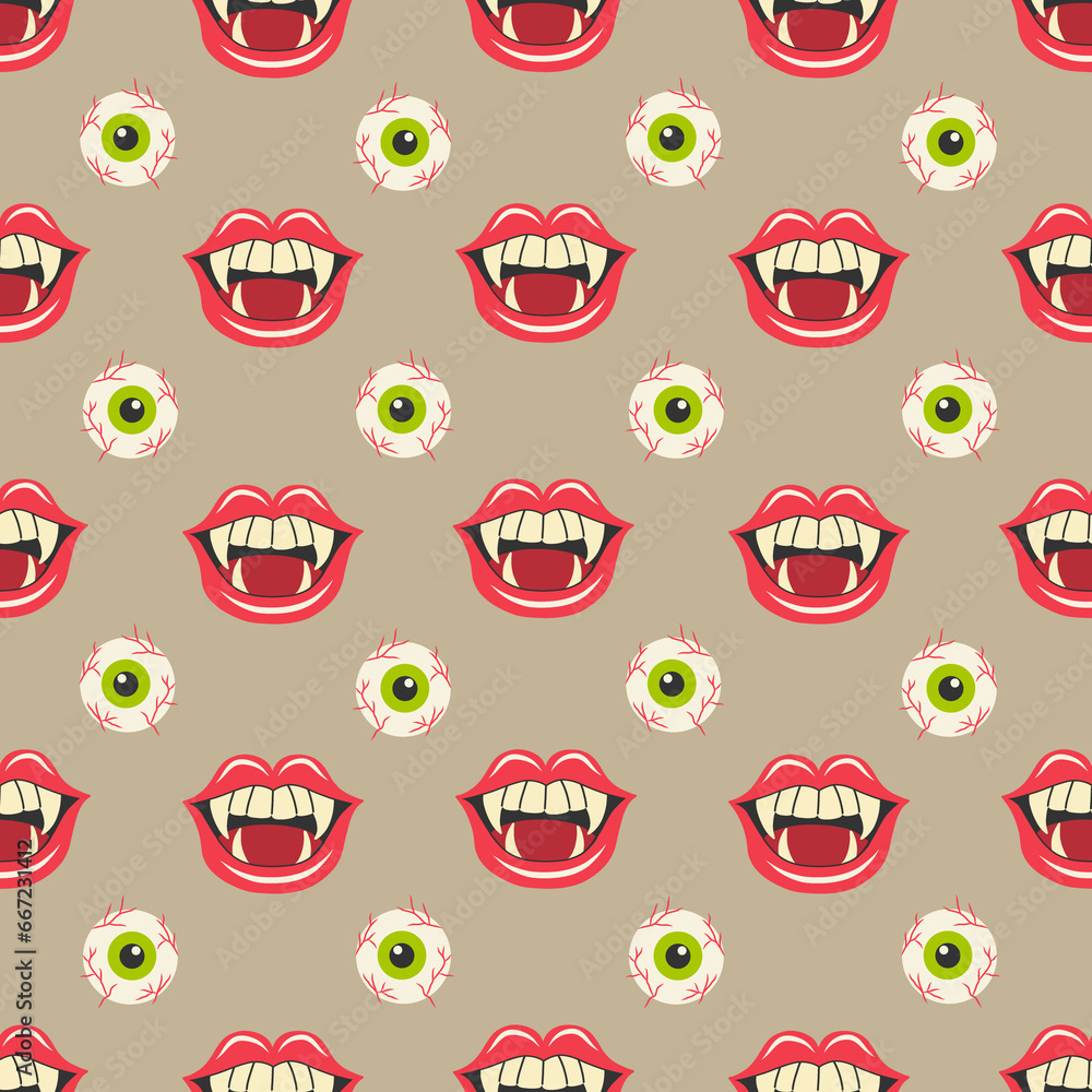 Halloween Vampire Fangs and Zombie Eyeballs Seamless Pattern Design