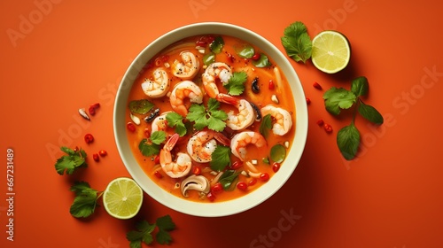  a bowl of soup with shrimp, cilantro, and lime. generative ai