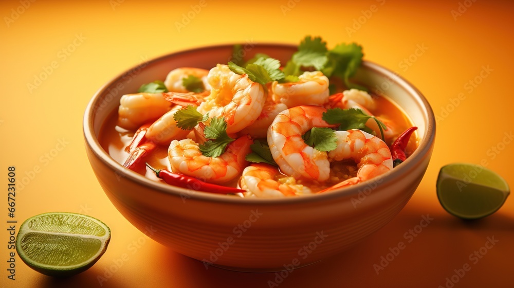 a bowl of shrimp with cilantro and limes.  generative ai