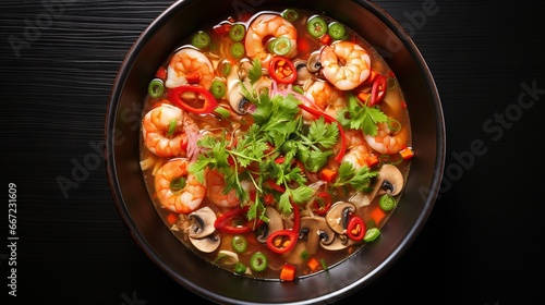  a bowl of soup with shrimp  mushrooms  peppers and broccoli.  generative ai
