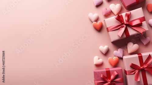 a pink background with hearts and wrapped presents with a red bow.  generative ai © Shanti