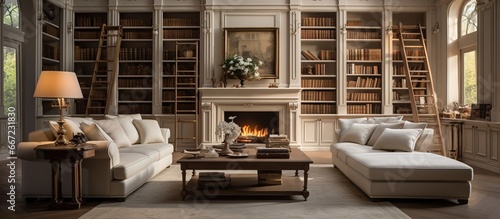 Traditional living room featuring couches and shelves for books photo