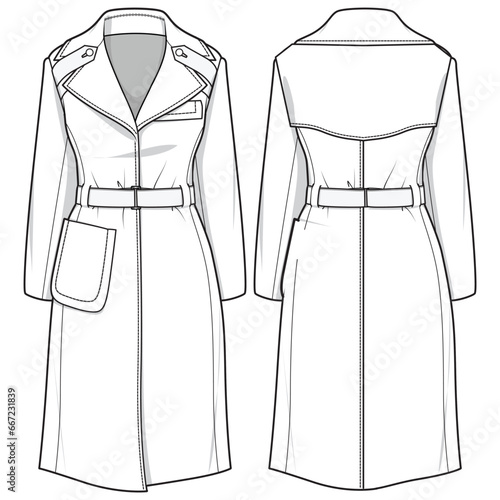 Women's Notch lapel trench coat design flat sketch fashion illustration front and back view, Over coat technical cad drawing vector template. topcoat outer wear coat