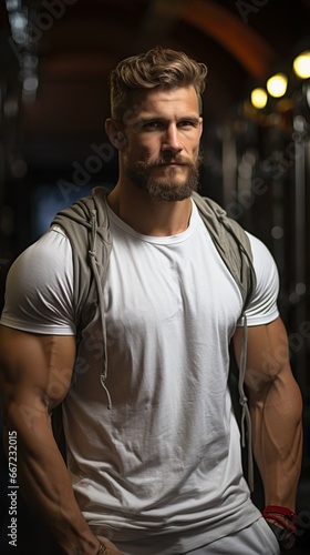 Athletic man against the backdrop of the gym. Bodybuilder trainer posing for the camera. Pumped up sexy guy. Concept: sport