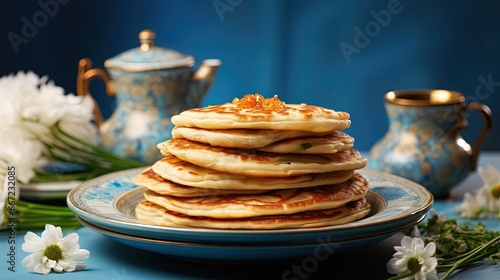  a stack of pancakes sitting on top of a blue plate. generative ai