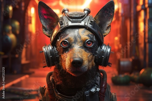 Doberman dog wearing a helmet and headphones © Mr. Muzammil