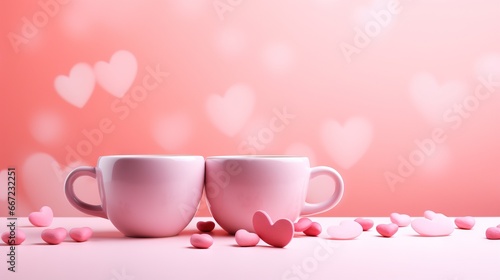  two pink coffee mugs with hearts scattered around them on a pink background. generative ai