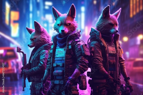 a group of wolf stand in night glow lights background