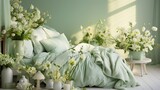  a bed with a green comforter and a bunch of white flowers.  generative ai