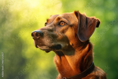 Portrait of a beautiful dog on a background of green grass.