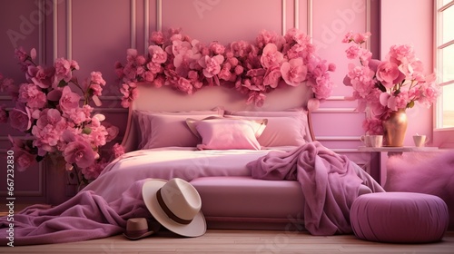  a bedroom with a pink bed and pink flowers on the wall.  generative ai