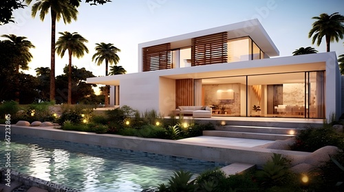 3d rendering of a modern house by the sea at sunset. © Iman