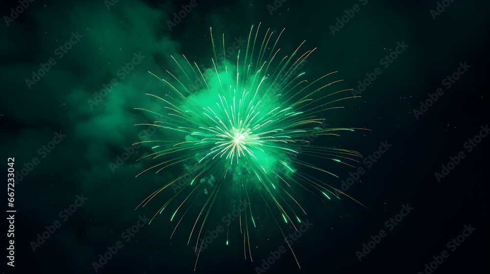 Fototapeta premium Close up of an green Firework in the Sky. Festive Template for New Year's Eve and Celebrations