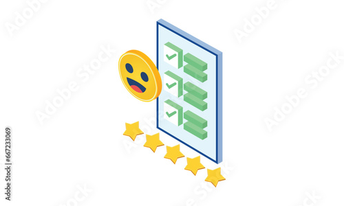 Filling Test Online in Customer Survey Form. Check Mark and Giving Five Star Feedback. Customer Experiences and Satisfaction Concept.on white background.3D design.isometric vector design Illustration