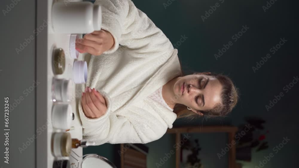 Woman applying eye patches under eyes sitting in her living room. Skin care. Anti-aging treatment concept. Woman applying eye patches under eyes sitting in her living room. Skin care. Anti-aging treatment concept.