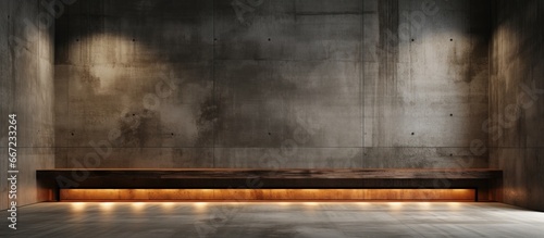 Interior design background with smooth abstract concrete and wooden elements in a dark empty space illustration © Vusal
