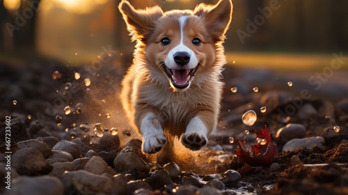 cute dog running on road background