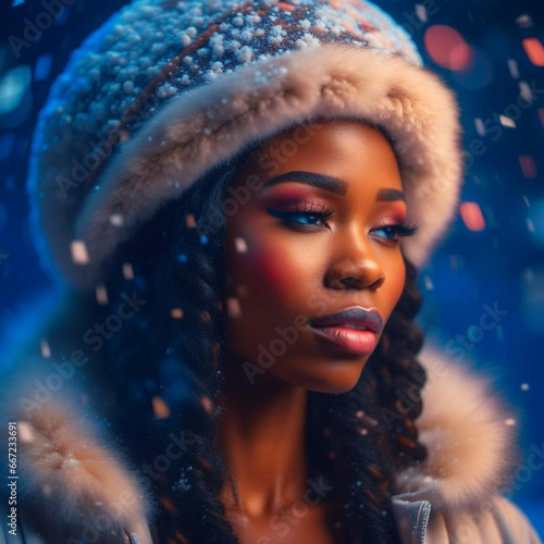 The face of a beautiful black girl in a white fur hat against the backdrop of falling snow