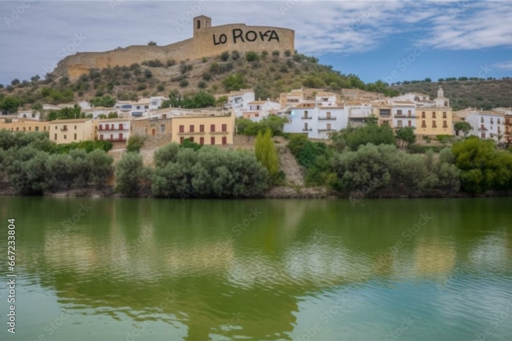Lora del Río: The name of the Spanish town Lora del Río in the region of Andalusia against a background image. Generative AI