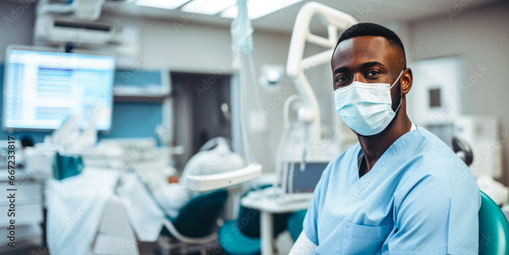 Young African American man working as dentist, female in face mask posing at his office or clinic. Wide banner, copy space on side. Generative AI Young African American man working as dentist, female in face mask posing at his office or clinic. Wide banner, copy space on side. Generative AI