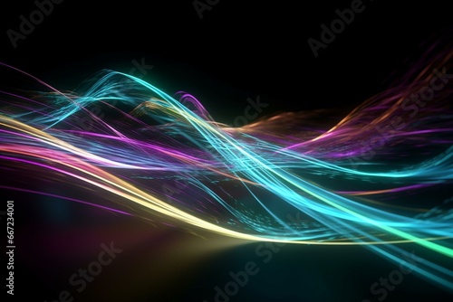 A digital illustration of a vibrant, abstract, neon light trail energy swoosh background. Generative AI