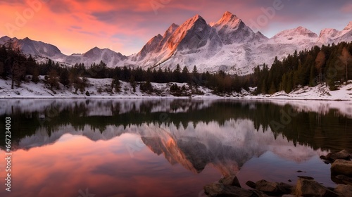 Panoramic view of snow covered mountain range and lake at sunset © Iman