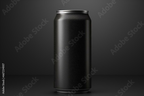 A black aluminum can mockup on a black background, for a 500ml soda-can. Generative AI