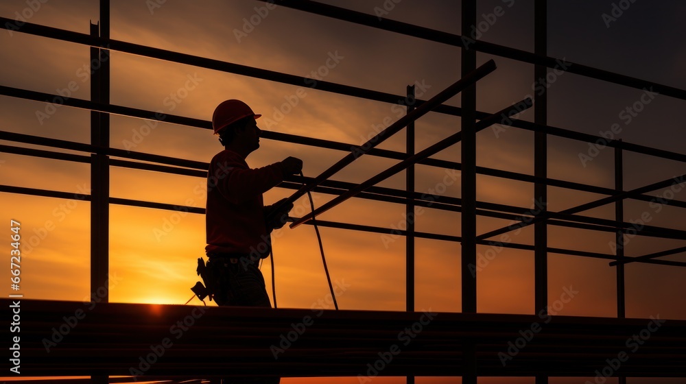Silhouette of worker with steel structure during sunset, engineer with tall building structure, worker with sunset at construction site Silhouette of worker with steel structure during sunset, engineer with tall building structure, worker with sunset at construction site