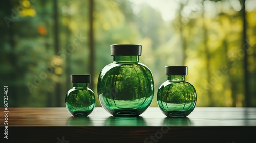 Green glass bottles with a reflective forest backdrop