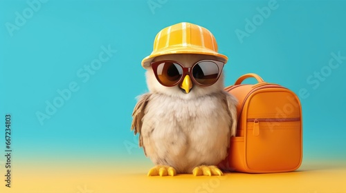 Portrait of a beautiful owl with sunglasses on a blue background.