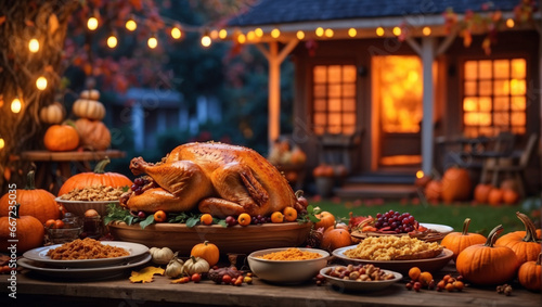 Thanksgiving dinner background with turkey and all sides dishes, pumpkin pie, fall leaves and seasonal autumnal decor on wooden. blur background of the garden behind the house. night atmosphere.