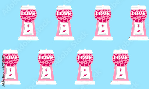 Seamless pattern with heart-shaped candies. Vector illustration of an 80s style candy machine for Valentine's Day.