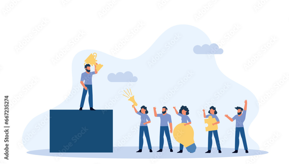 Diverse group of people standing on a podium, holding trophies and puzzles. They are all smiling and excited, celebrating their success as a team. Vector illustration Diverse group of people standing on a podium, holding trophies and puzzles. They are all smiling and excited, celebrating their success as a team. Vector illustration