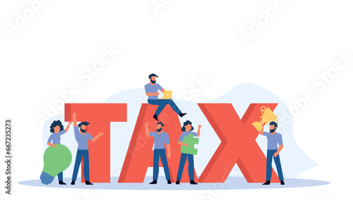 Creative flat vector illustration with businessman and his team working together on laptop to manage their business finances, including taxes, accounting, banking, payroll, and invoicing.