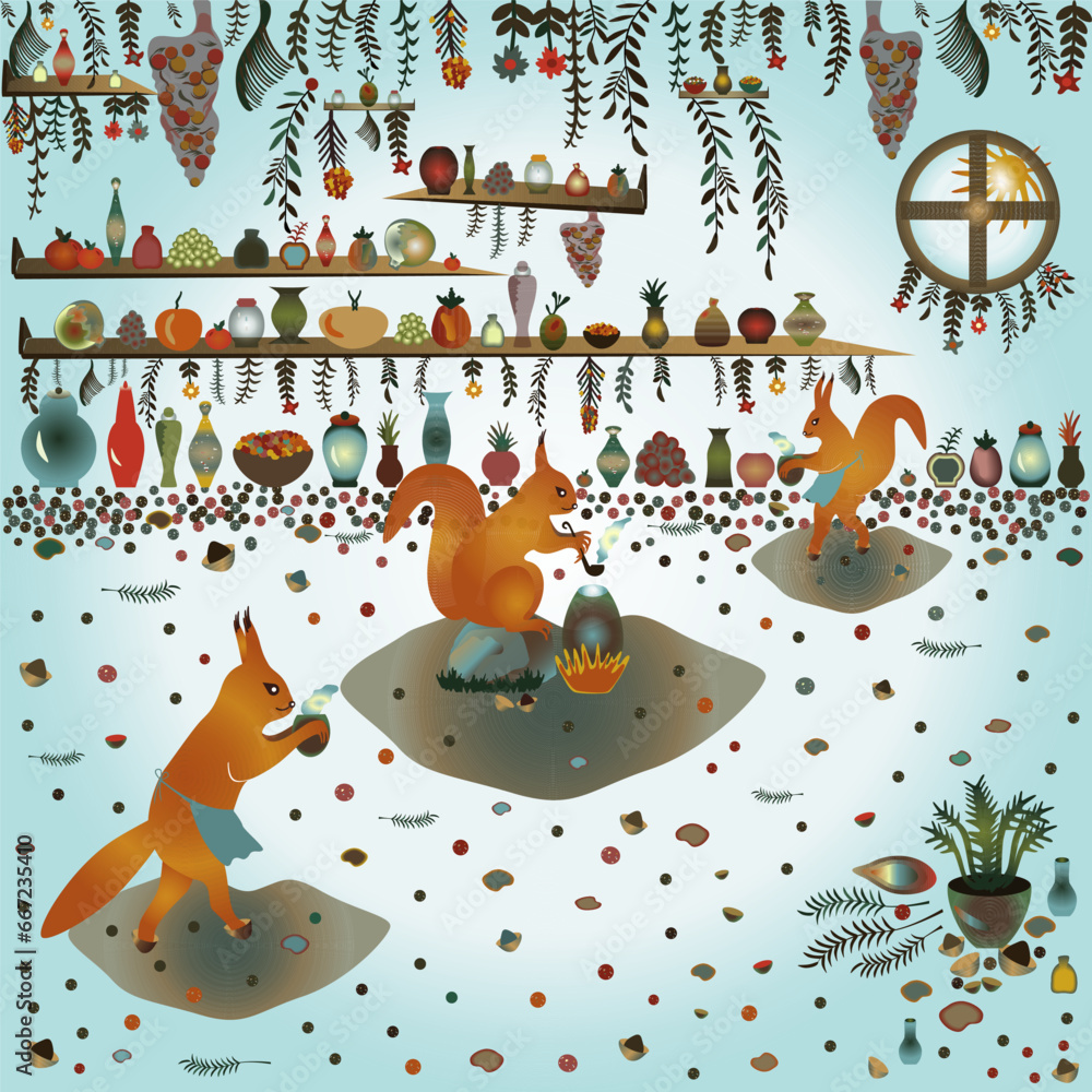 Fototapeta premium Squirrels prepare a medicine from herbs and roots. Illustration for the fairy tale 
