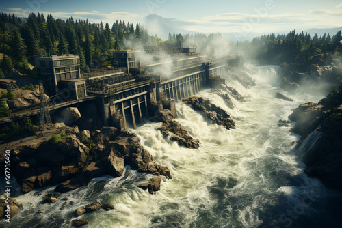 Hydroelectric dam with the raging water captured in motion, highlighting the energy potential of water sources on International Day of Clean Energy, 04th January photo