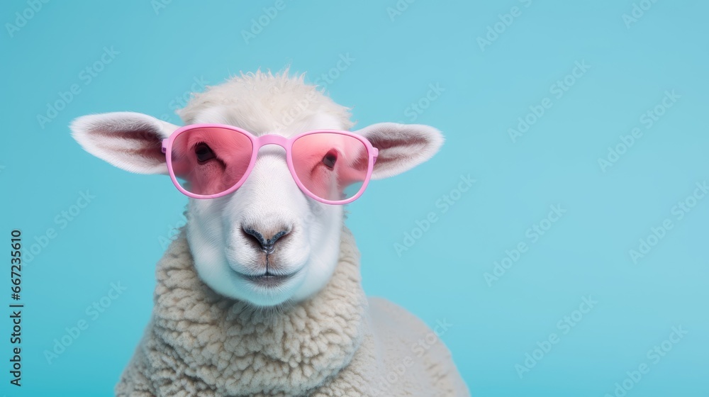Fototapeta premium Portrait of funny sheep with sunglasses. Funny animal concept