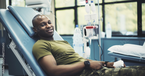 Black Male Army Soldier Donating Blood For Injured Comrades In Military Hospital. Brave African Troop Squeezing Red Heart-Shaped Ball To Pump Blood Through Tubing Into Bag. Donation For Men In Service
