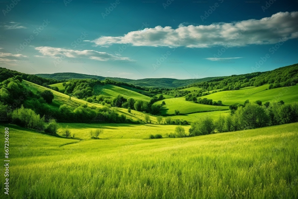 Peaceful summer landscape with lush green grass field. Generative AI