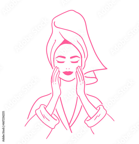 Woman wearing hair towel and bathrobe making her beauty routine. Line art vector illustration in pink colors