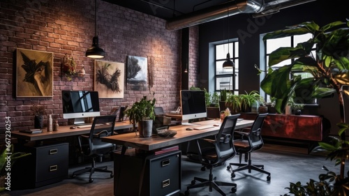 Inspiring office interior design Industrial style Corporate Office featuring Exposed brick wall architecture. Generative AI AIG 31. © Summit Art Creations