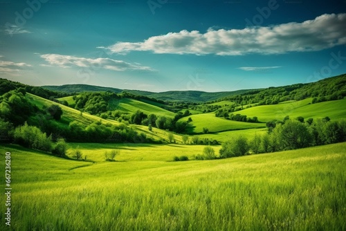 Peaceful summer landscape with lush green grass field. Generative AI