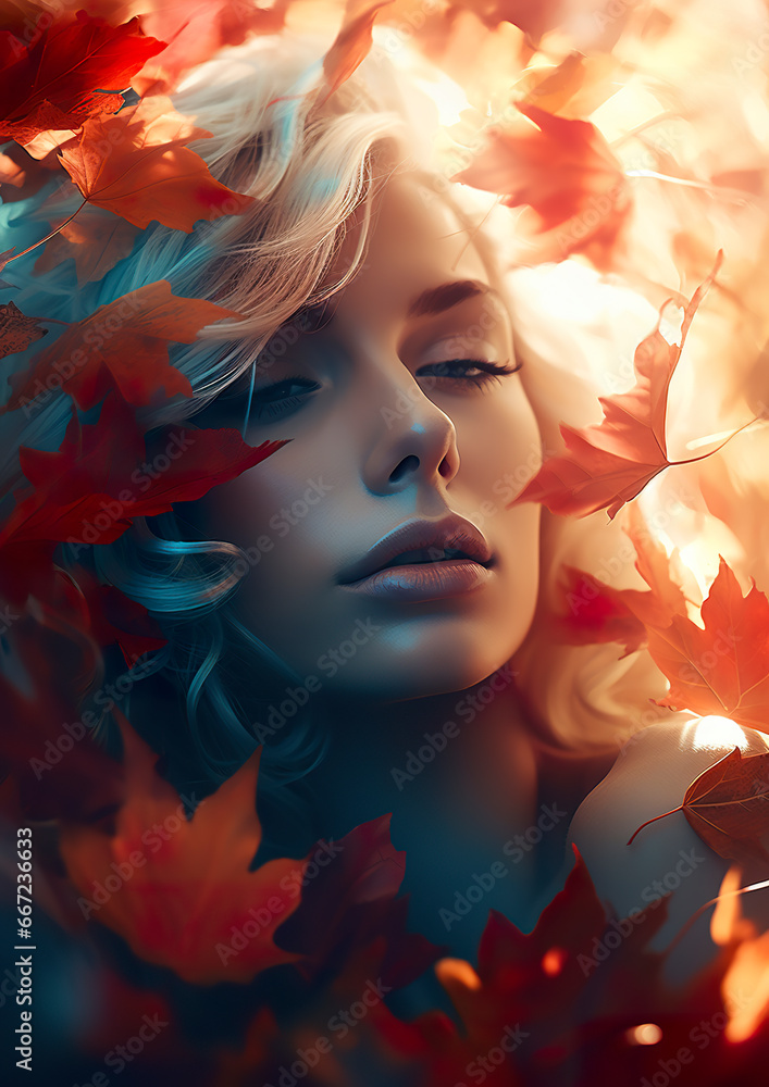 Fototapeta premium Artistic portrait illustration of a beautiful woman surrounded by autumn flowers. Surrealistic image of a stunning dreamy woman in digital artwork.