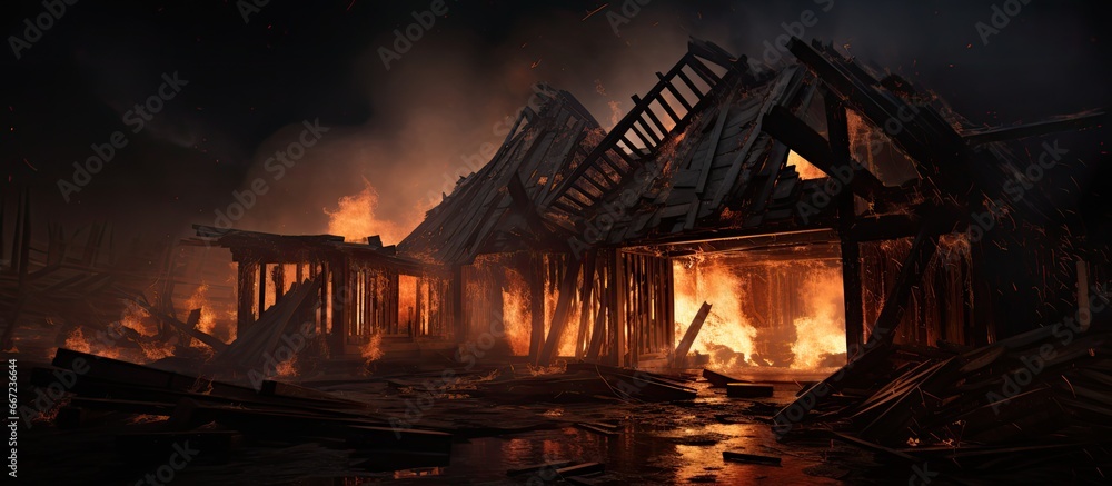 Fire damage to the house rooftop with charred trusses and burnt furniture from a blazing fire