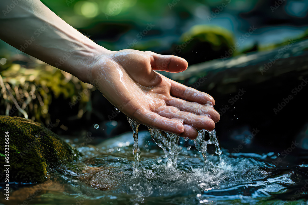 hand holding water from the river - obrazy, fototapety, plakaty 