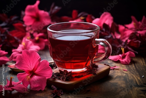 A warm and comforting cup of hibiscus tea surrounded by freshly picked hibiscus flowers on a vintage wooden table