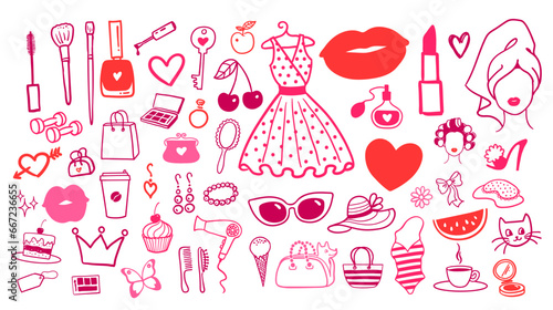 Vector illustration collection of beauty and fashion isolated doodles in pink and red colors