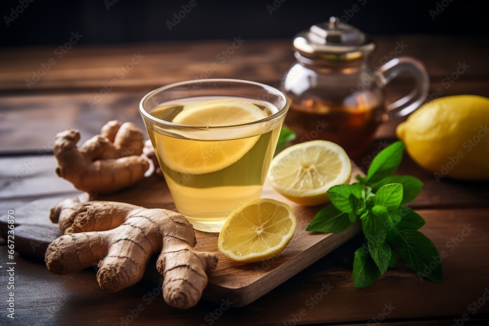 A warm cup of lemon ginger tea nestled amongst fresh ingredients on a vintage wooden table A warm cup of lemon ginger tea nestled amongst fresh ingredients on a vintage wooden table